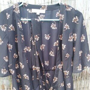 Loft Petites- Black Floral Wrap Blouse with Peplum Waist - SP